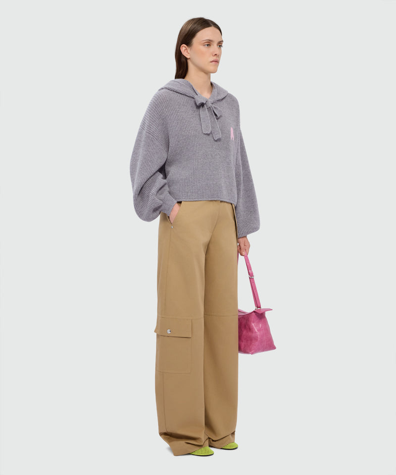 Maglia grigia con cappuccio in misto cashmere con ricamo MWAVE e manica a ballon 98 Donna 