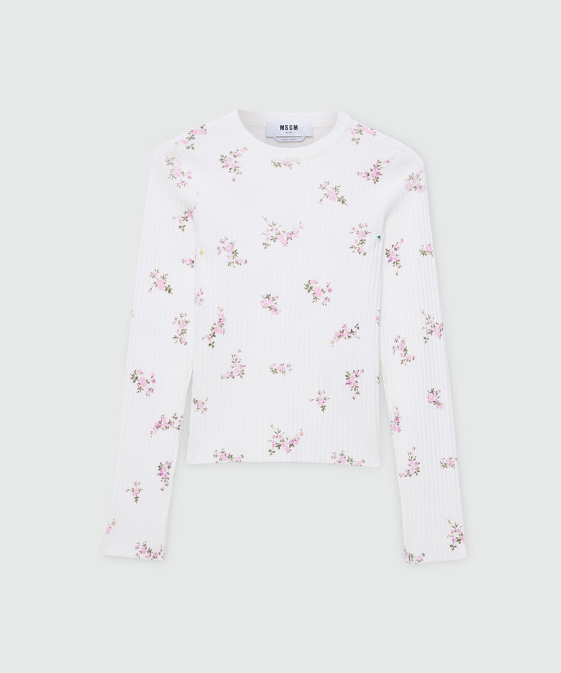 White ribbed techno-viscose knit with floral print 02 Donna 