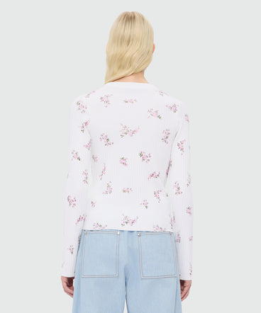 White ribbed techno-viscose knit with floral print
