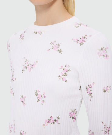 White ribbed techno-viscose knit with floral print