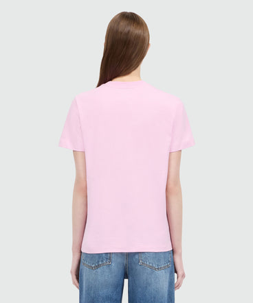 Pink short-sleeve cotton jersey T-shirt with micro logo on the front