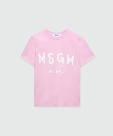Pink short-sleeve cotton jersey T-shirt with brushed logo on the front