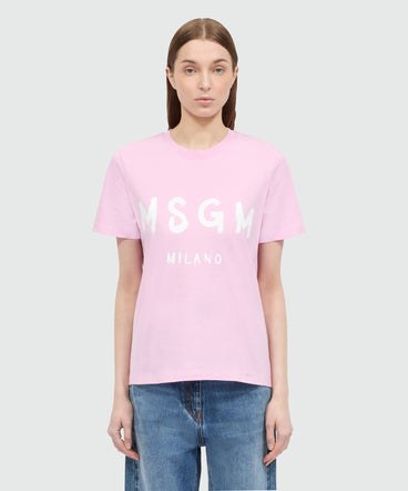 Pink short-sleeve cotton jersey T-shirt with brushed logo on the front