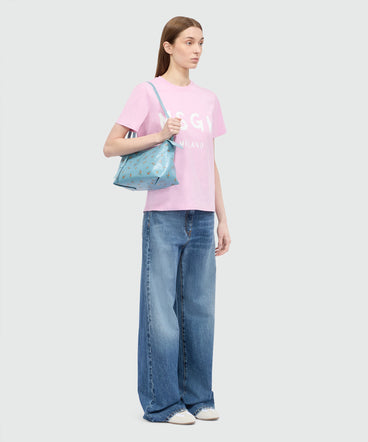 Pink short-sleeve cotton jersey T-shirt with brushed logo on the front