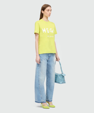 Lime short-sleeve cotton jersey T-shirt with brushed logo on the front