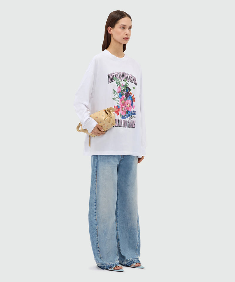 White long-sleeve cotton jersey T-shirt with front print 01 Donna 