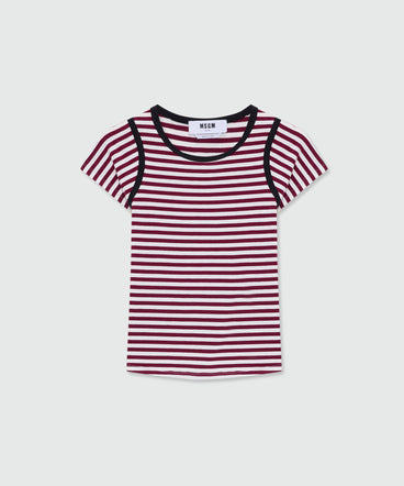 Burgundy striped short-sleeve cotton jersey T-shirt with contrast trims