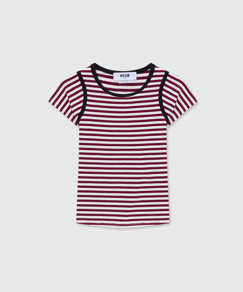 Burgundy striped short-sleeve cotton jersey T-shirt with contrast trims 20 Donna 