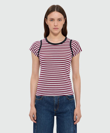 Burgundy striped short-sleeve cotton jersey T-shirt with contrast trims