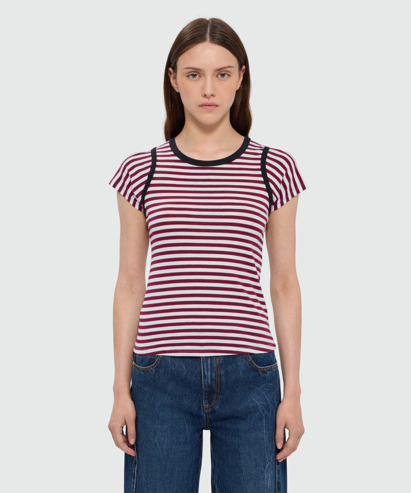 Burgundy striped short-sleeve cotton jersey T-shirt with contrast trims 20 Donna 