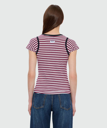 Burgundy striped short-sleeve cotton jersey T-shirt with contrast trims