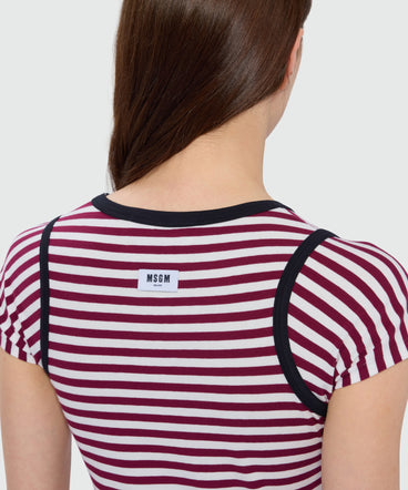 Burgundy striped short-sleeve cotton jersey T-shirt with contrast trims
