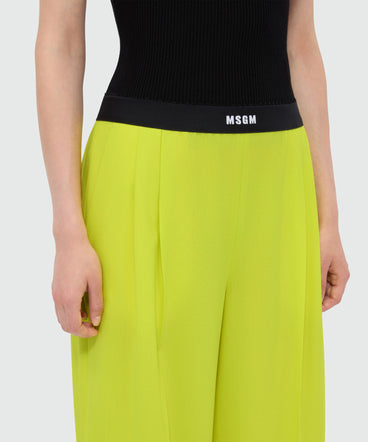 Lime palazzo trousers in lightweight wool with elasticated waistband and MSGM logo