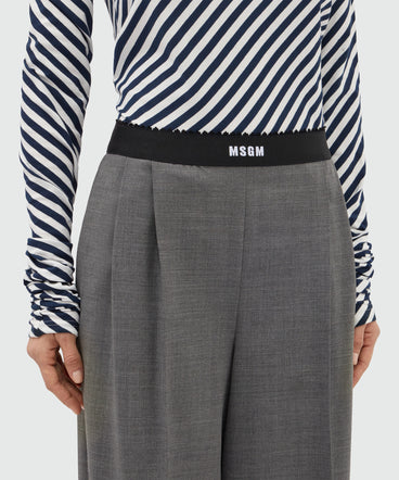 Grey palazzo trousers in lightweight wool with elasticated waistband and MSGM logo