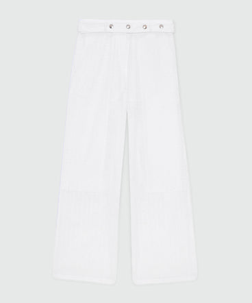 Off-white poplin wide-leg trousers with Sangallo embroidery and maxi front patch pockets
