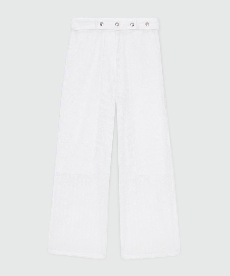 Off-white poplin wide-leg trousers with Sangallo embroidery and maxi front patch pockets 02 Donna 