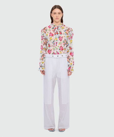 Off-white poplin wide-leg trousers with Sangallo embroidery and maxi front patch pockets