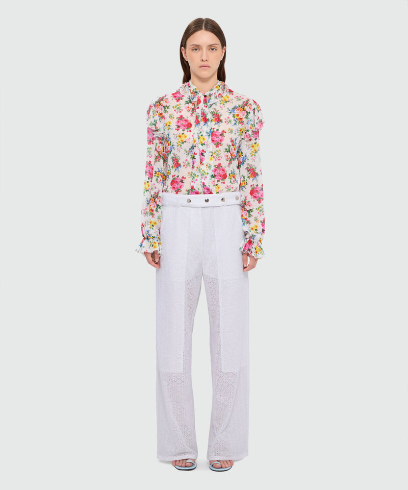 Off-white poplin wide-leg trousers with Sangallo embroidery and maxi front patch pockets 02 Donna 