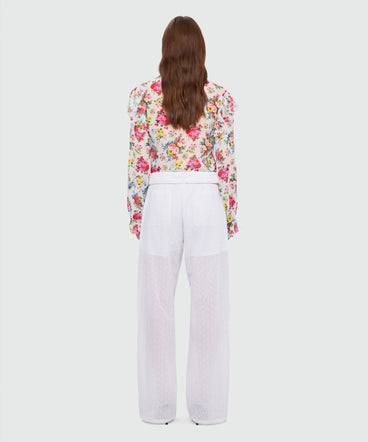 Off-white poplin wide-leg trousers with Sangallo embroidery and maxi front patch pockets