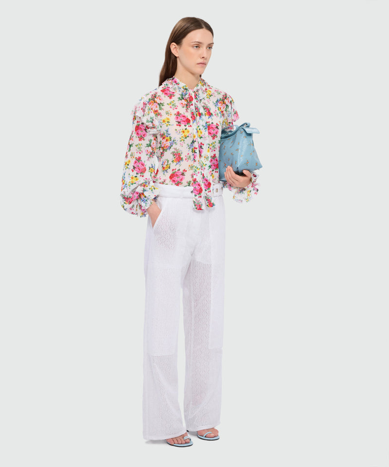 Off-white poplin wide-leg trousers with Sangallo embroidery and maxi front patch pockets 02 Donna 