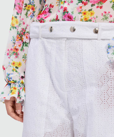 Off-white poplin wide-leg trousers with Sangallo embroidery and maxi front patch pockets