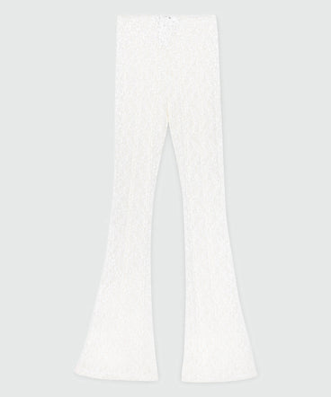 White flared stretch lace leggings with floral motif