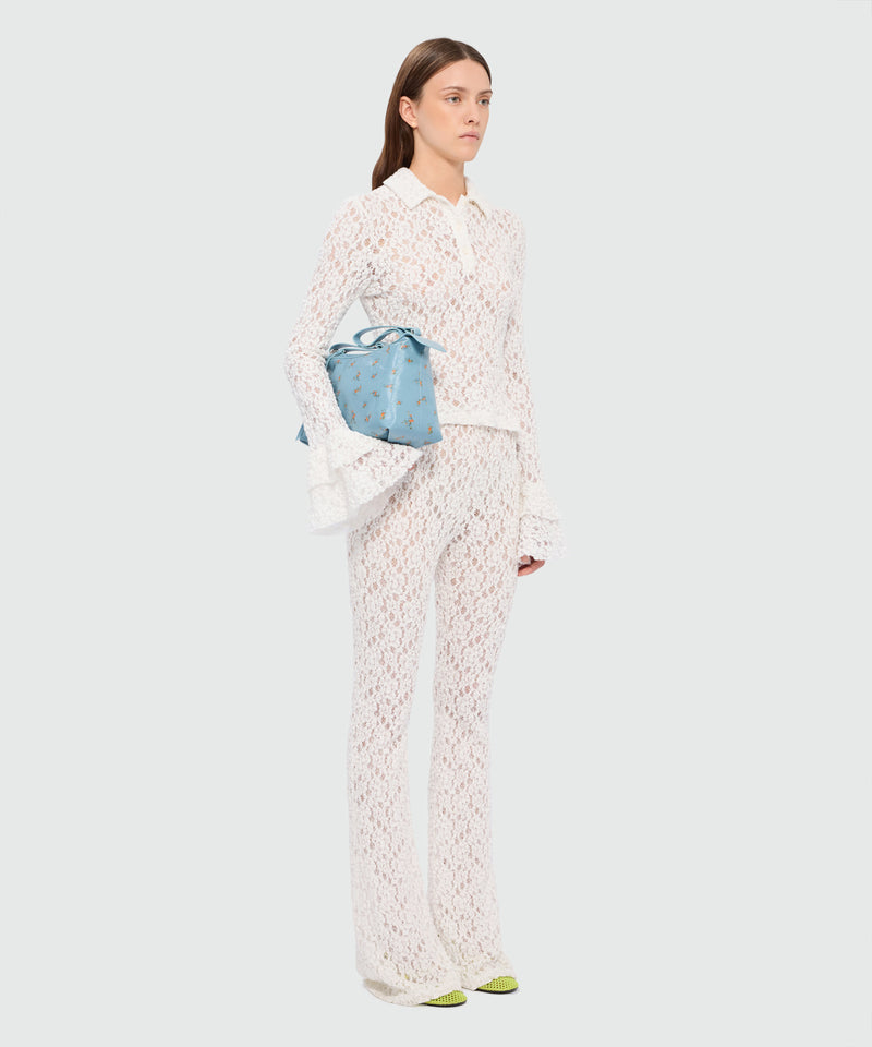 White flared stretch lace leggings with floral motif 01 Donna 