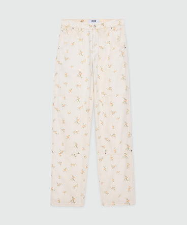Off-white cotton canvas trousers with floral print