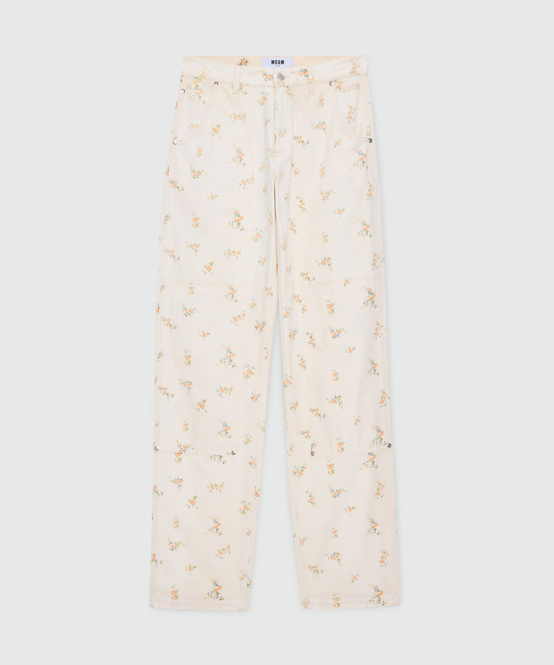 Off-white cotton canvas trousers with floral print 04 Donna 