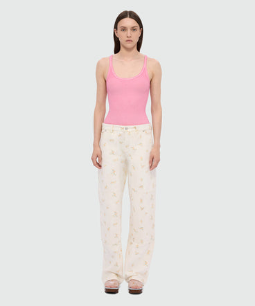 Off-white cotton canvas trousers with floral print