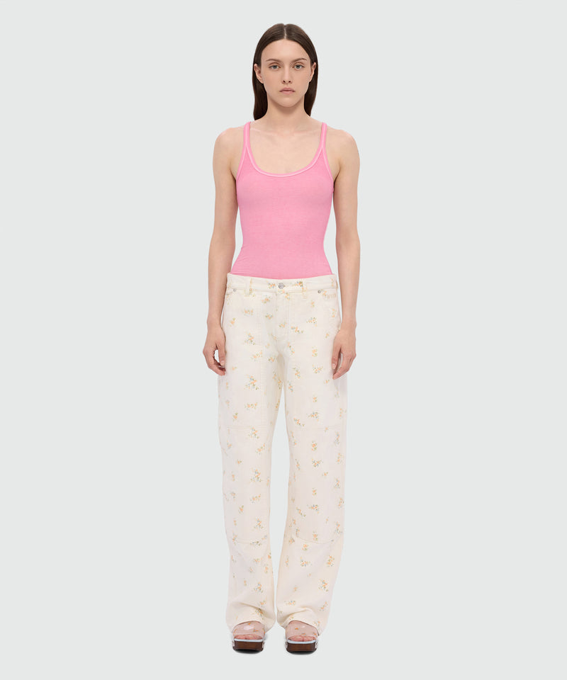 Off-white cotton canvas trousers with floral print 04 Donna 