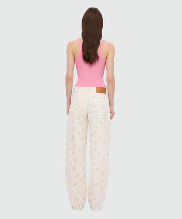Off-white cotton canvas trousers with floral print