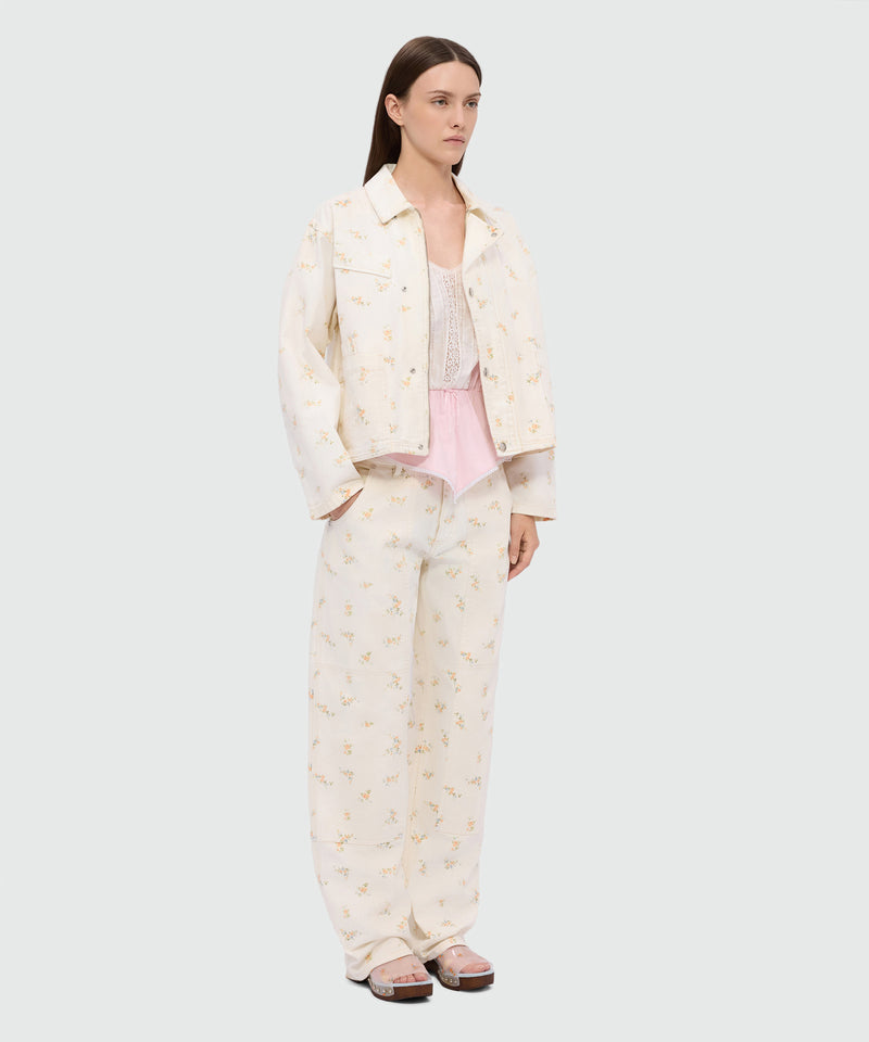Off-white cotton canvas trousers with floral print 04 Donna 