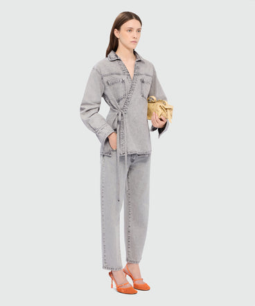 Grey stone-washed five-pocket denim trousers