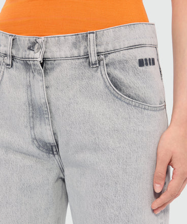 Grey stone-washed five-pocket denim trousers