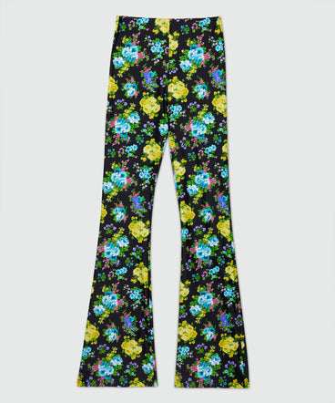 Leggins flare nero in lycra stampa fiori