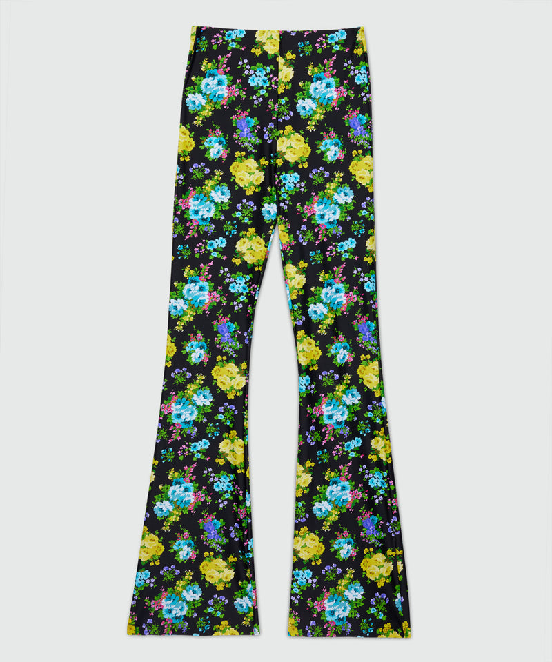 Leggins flare nero in lycra stampa fiori 99 Donna 
