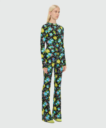 Leggins flare nero in lycra stampa fiori