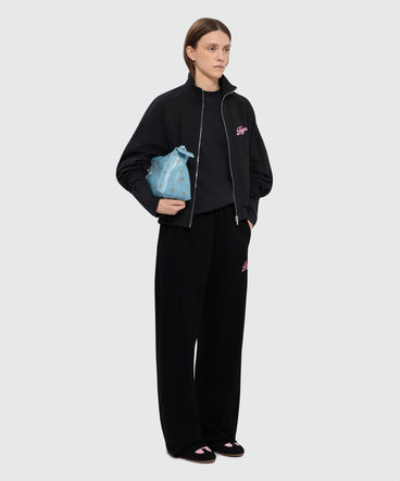 Pantalone nero di cotone in doppio piquet con ricamo MSGM italics su gamba