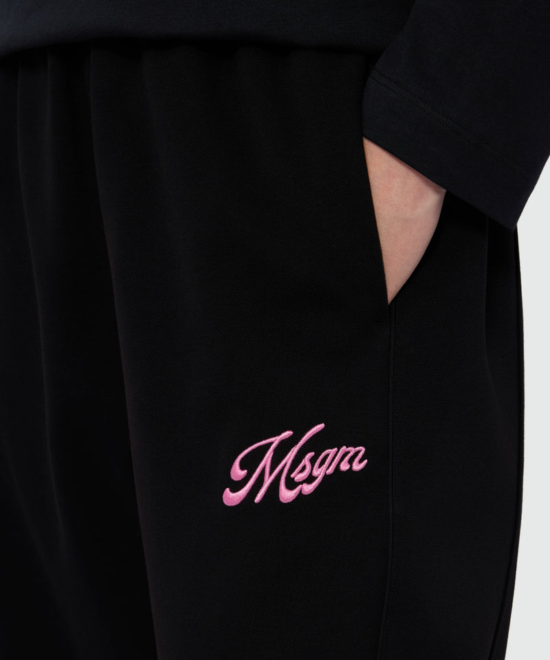 Pantalone nero di cotone in doppio piquet con ricamo MSGM italics su gamba 99 Donna 