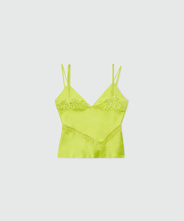 Lime satin top with lace inserts