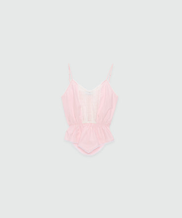 Pink cotton poplin top with lace inserts