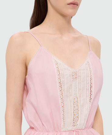 Pink cotton poplin top with lace inserts