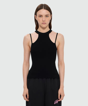 Top nero in tecno viscosa con scollo halter e dettaglio spalline