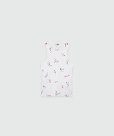 White ribbed techno-viscose top with "Cracked Flowers Bouquet" print
