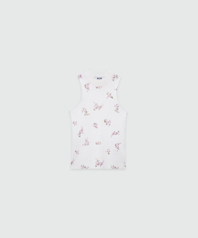 White ribbed techno-viscose top with "Cracked Flowers Bouquet" print 02 Donna 