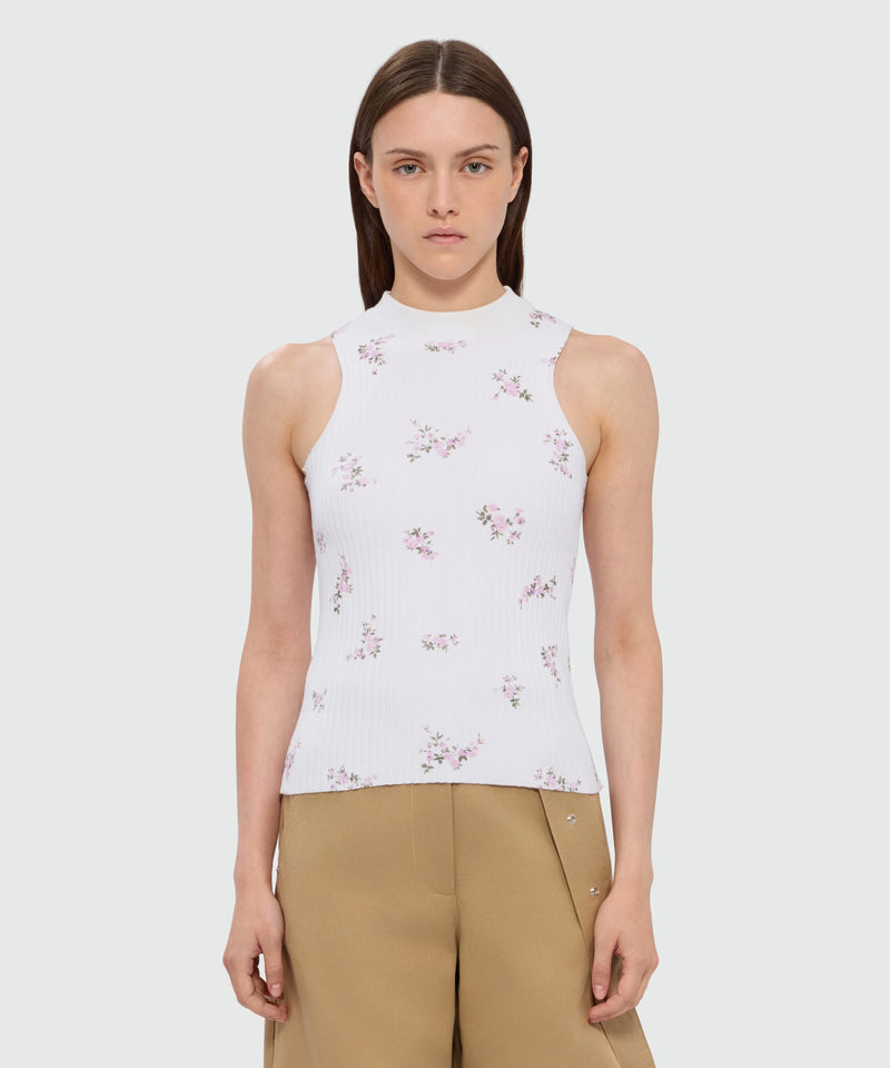 White ribbed techno-viscose top with "Cracked Flowers Bouquet" print 02 Donna 