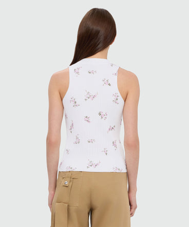 White ribbed techno-viscose top with "Cracked Flowers Bouquet" print
