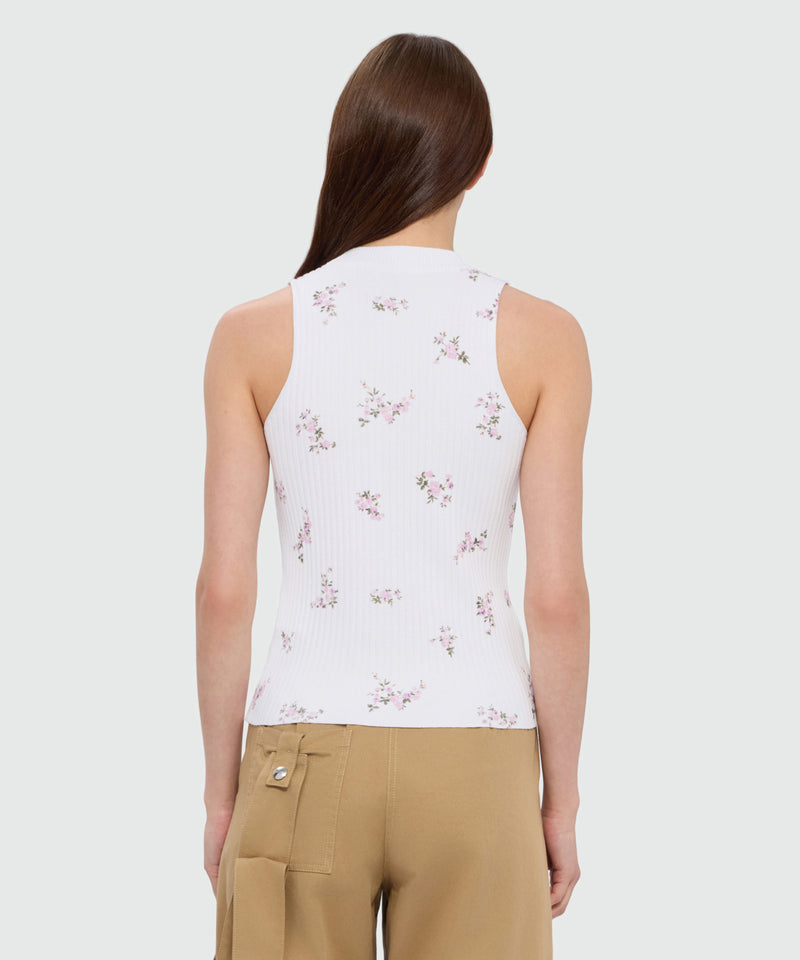 White ribbed techno-viscose top with "Cracked Flowers Bouquet" print 02 Donna 
