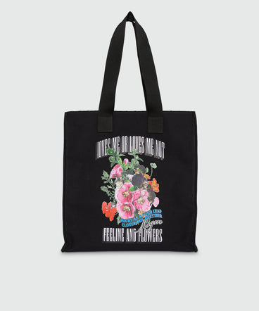 Tote nera in canvas con stampa e manici in tono